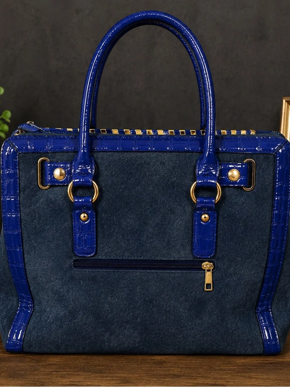 Blue & Black Designer-Style Satchel Handbag – Gold Tone Hardware – Unbranded
